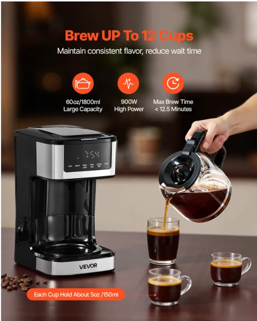 Programmable Coffee Maker, 12 Cup Programmable Drip Coffee Makers With Touch Screen, 4-Hour Keep Warm Coffee Makers Drips, 2 Brew Strengths Drip Coffee Machine For Home, 24-Hour Programmable